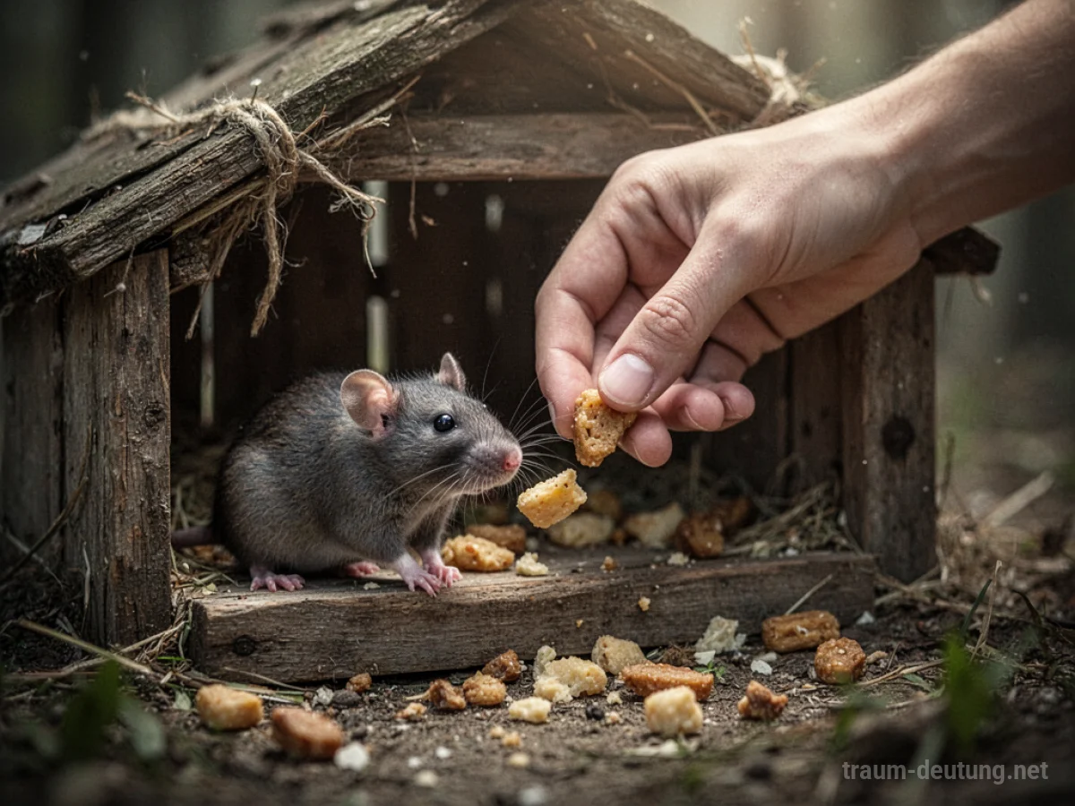 Eine Hand reicht einer Ratte Futter.