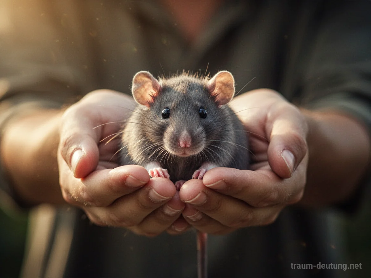 Person rettet eine kleine Ratte behutsam in den Händen.