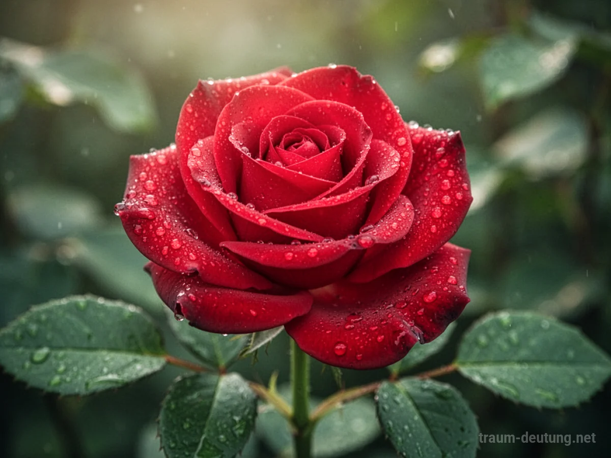 Eine einzelne rote Rose mit Tautropfen auf den Blütenblättern.