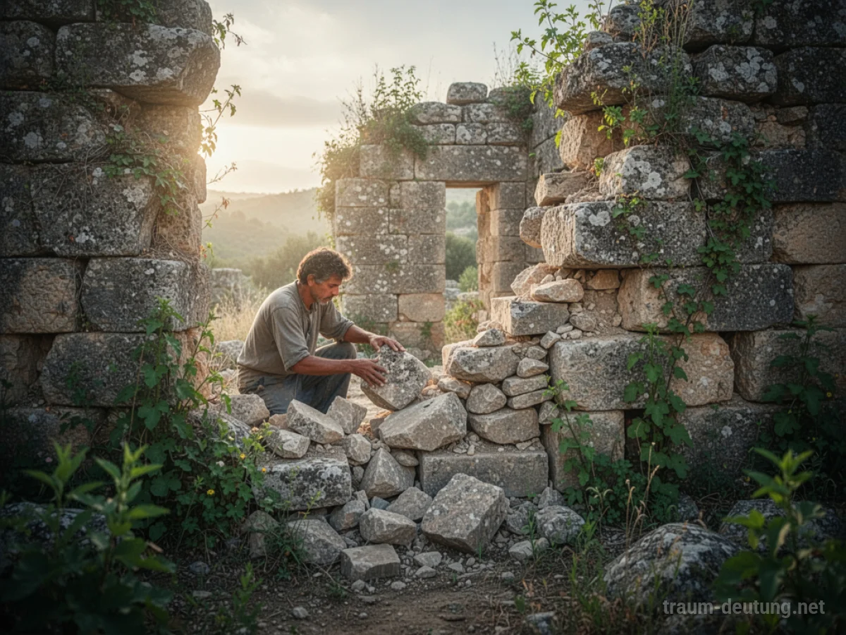 Eine Person baut eine alte Ruine mit Steinen wieder auf, Sonnenlicht scheint.