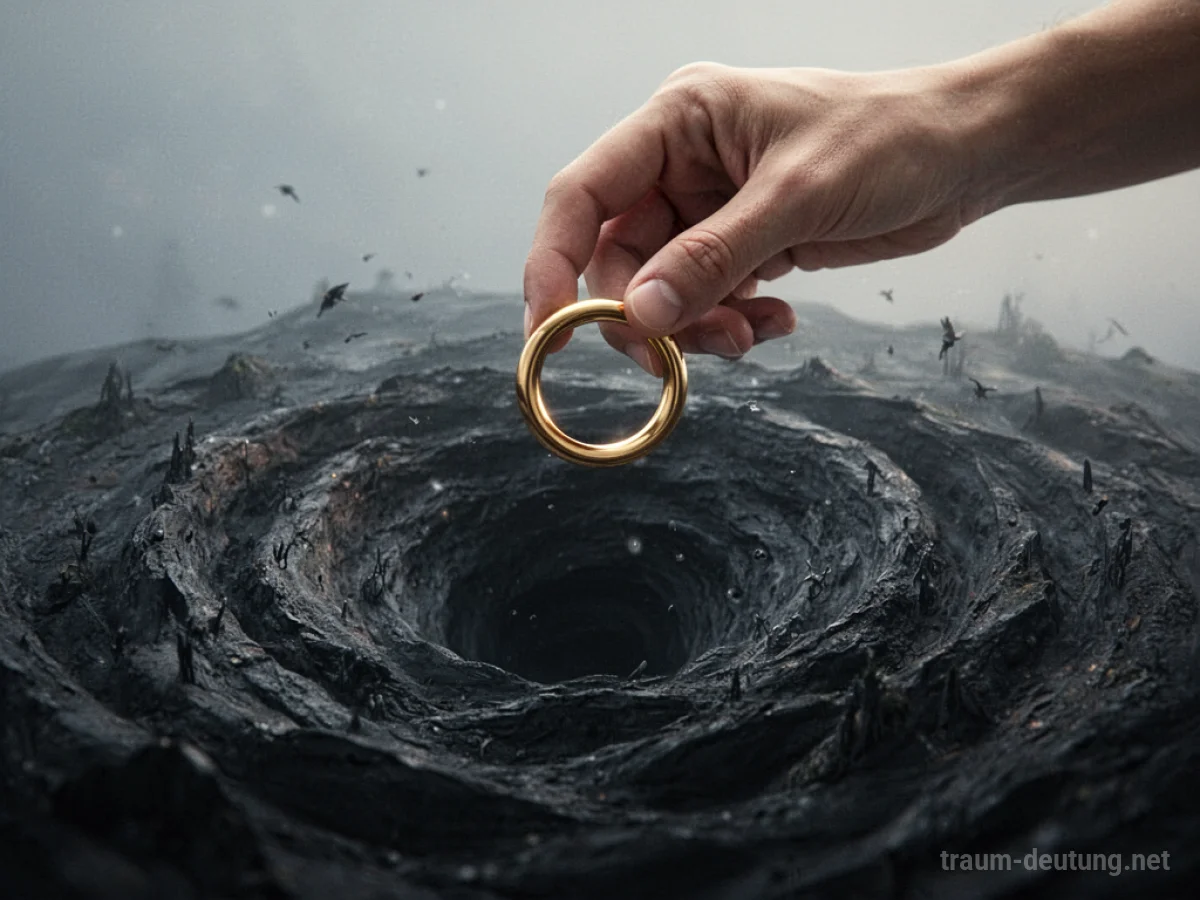 Hand wirft einen goldenen Ring in einen dunklen Strudel
