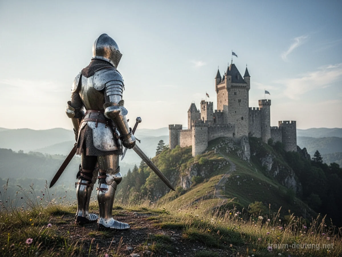 Ein Ritter in glänzender Rüstung steht auf einer Anhöhe und blickt in die Ferne.