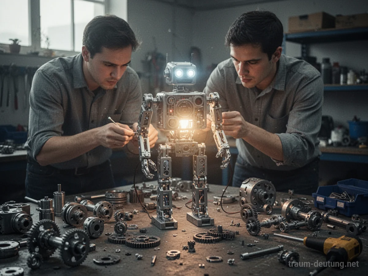 Person baut einen Roboter aus mechanischen Teilen in einer Werkstatt.