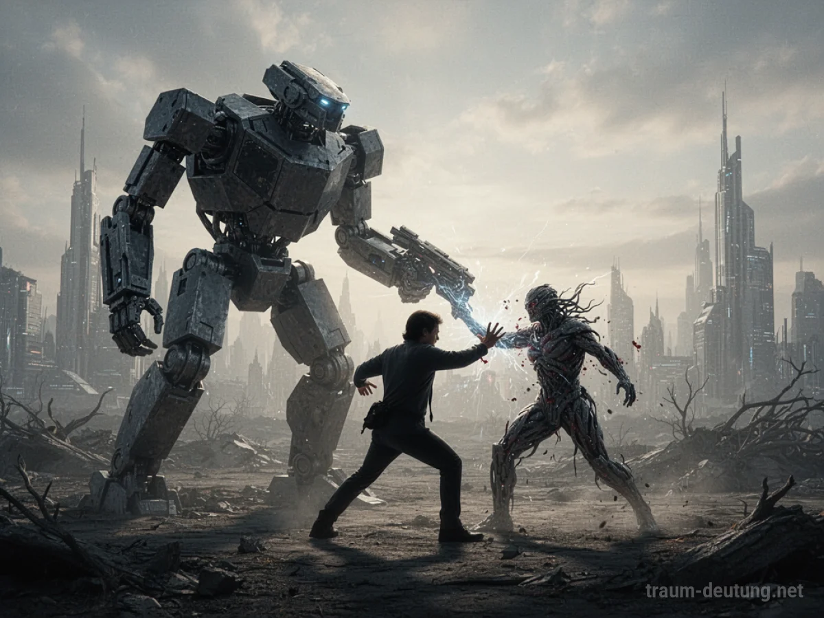 Eine Person kämpft gegen einen großen Roboter in einer dystopischen Stadtlandschaft.