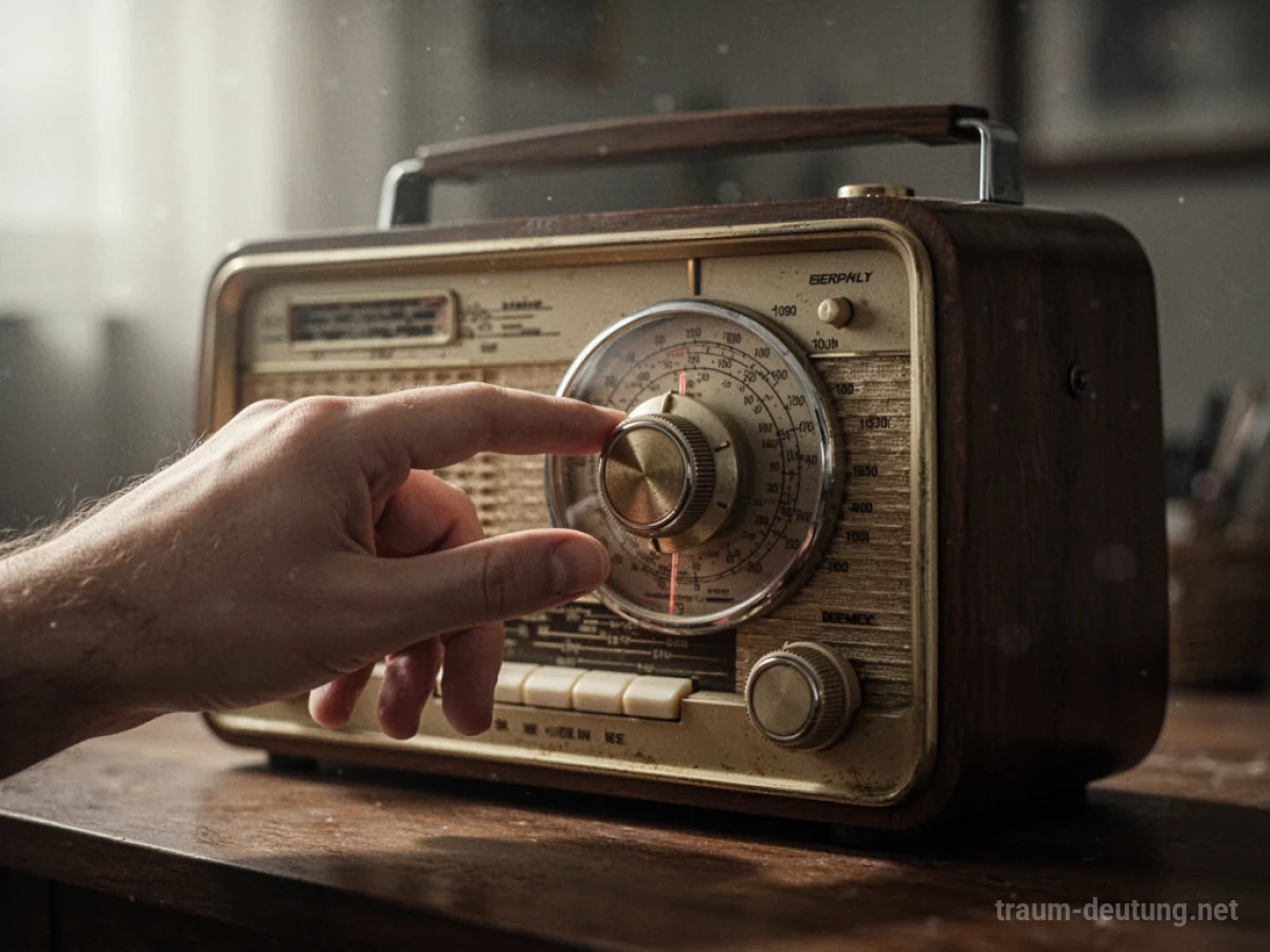 Hand dreht am Senderknopf eines Radios, um einen Empfang zu finden