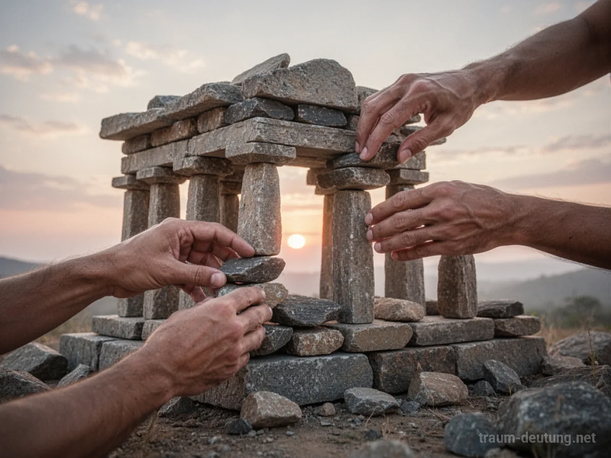 Hände bauen einen Tempel aus Steinen im Morgengrauen