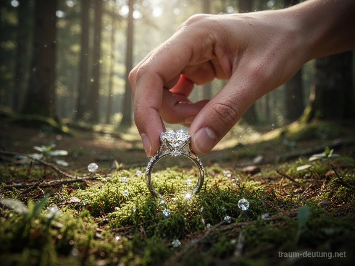 Hand findet einen glitzernden Ring auf Waldboden