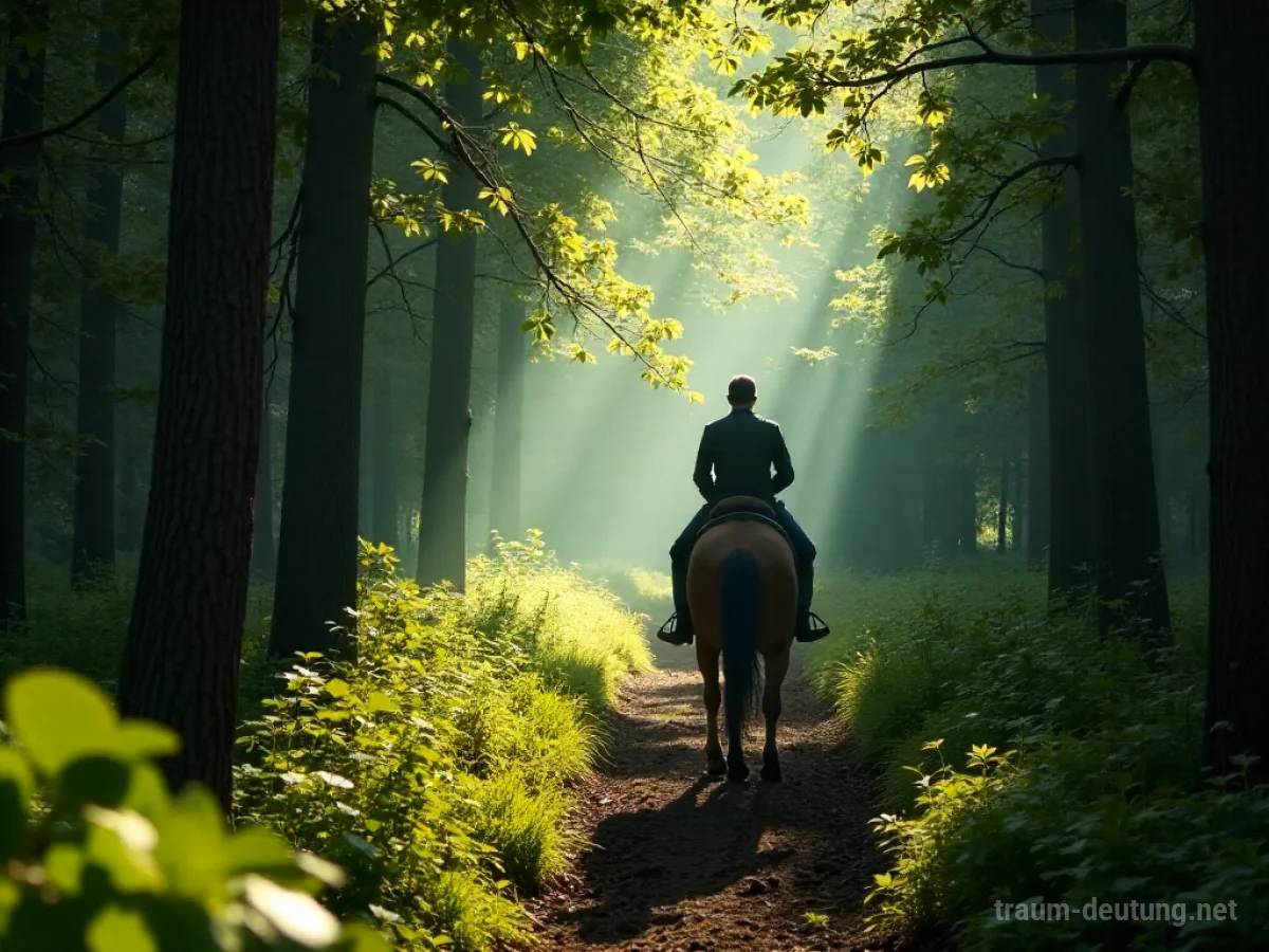 Eine Person reitet auf einem Pferd durch einen dichten, sonnenbeschienenen Wald.