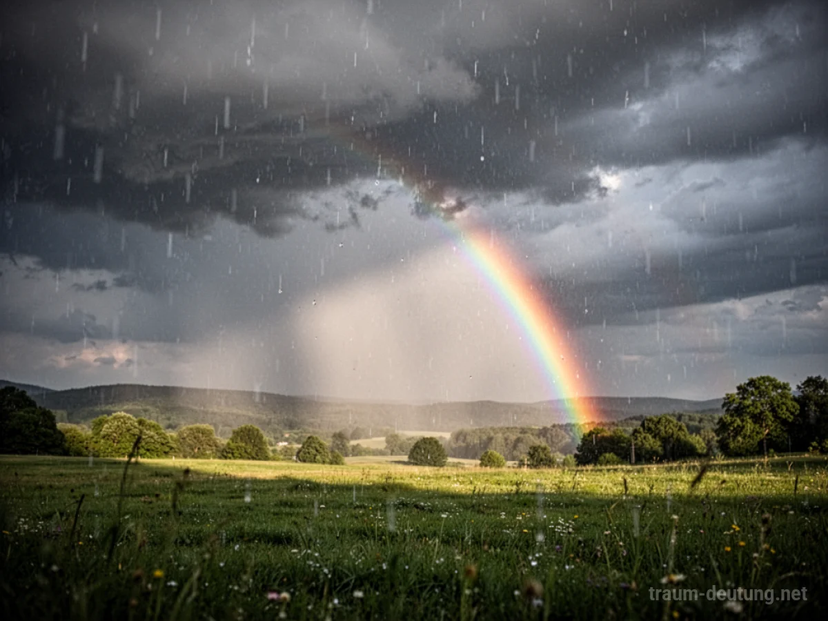 Letzter Regen fällt, Sonne bricht durch und zeigt einen Regenbogen über einer Landschaft.
