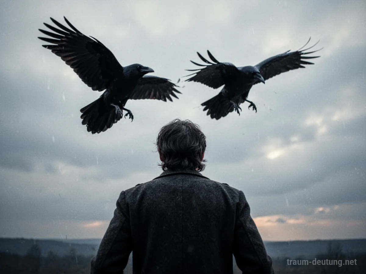 Silhouette eines Raben, der eine Person von hinten verfolgt