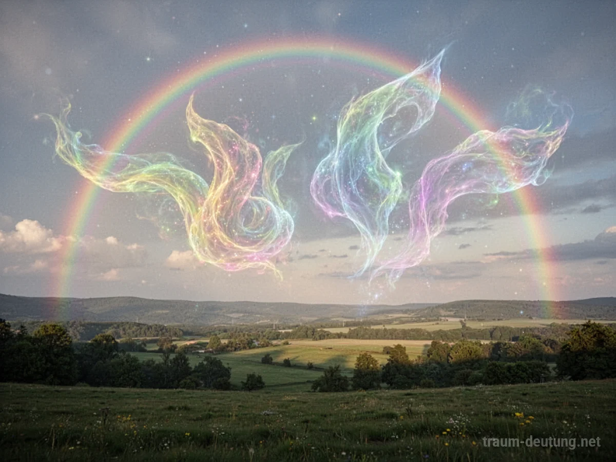 Ein Regenbogen verändert seine Farben und Formen am Himmel über einer friedlichen Landschaft.