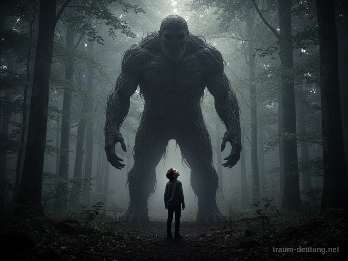 Ein riesiger Schattenmann verfolgt eine kleine Person in einem dunklen Wald.