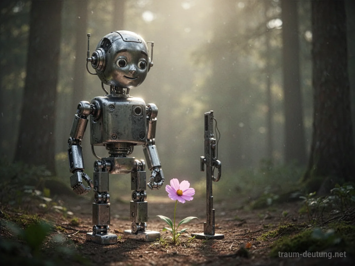 Ein Roboter mit einem nachdenklichen Gesichtsausdruck steht in sanftem Licht.