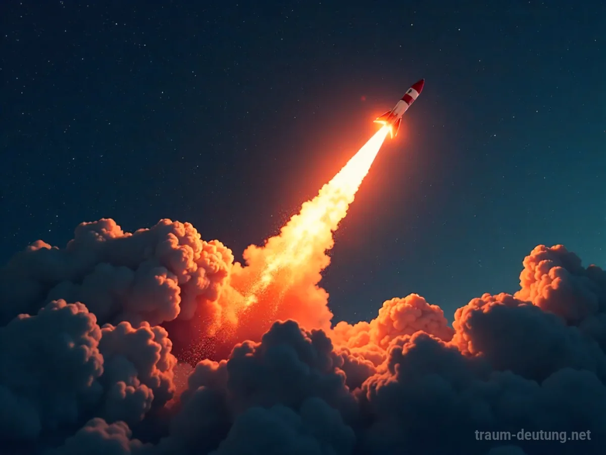 Eine Rakete fliegt bedrohlich auf den Betrachter zu, dargestellt als abstrakte Lichtspur am Nachthimmel.