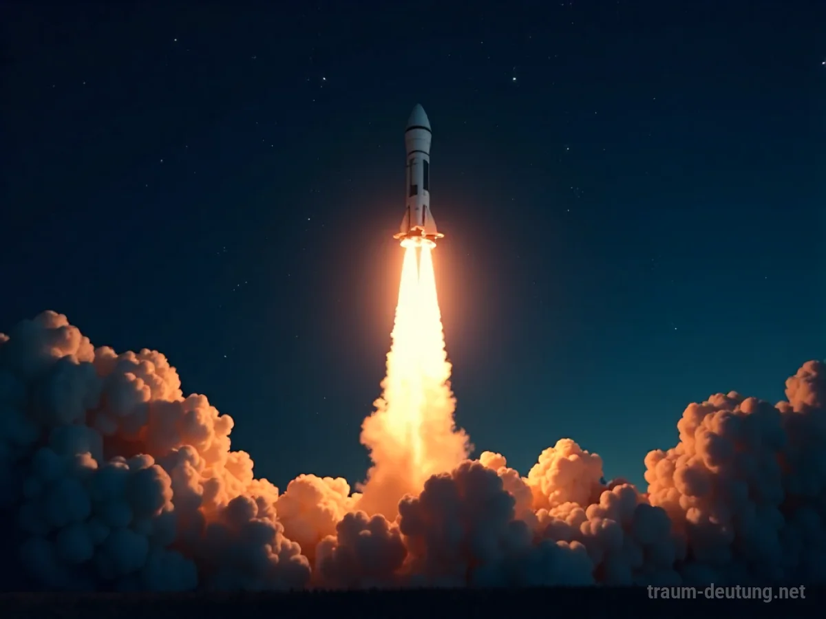 Eine Rakete startet in den Nachthimmel und hinterlässt eine Rauchspur.