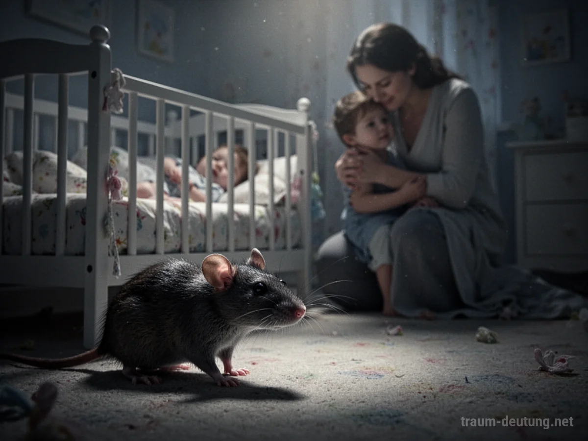 Eine Ratte nähert sich einem Kinderbett, im Hintergrund eine schützende Person.