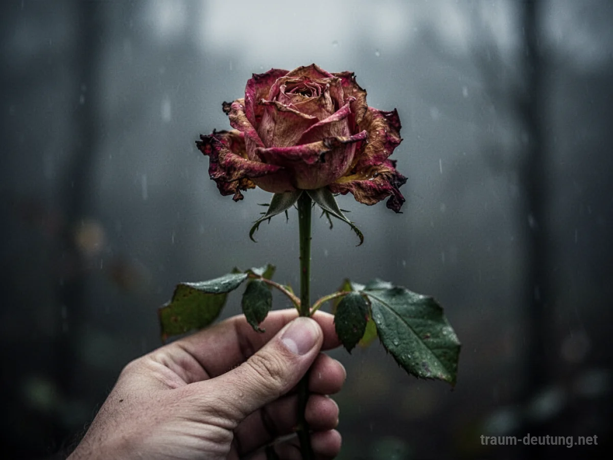 Welkende Rose in einer Hand