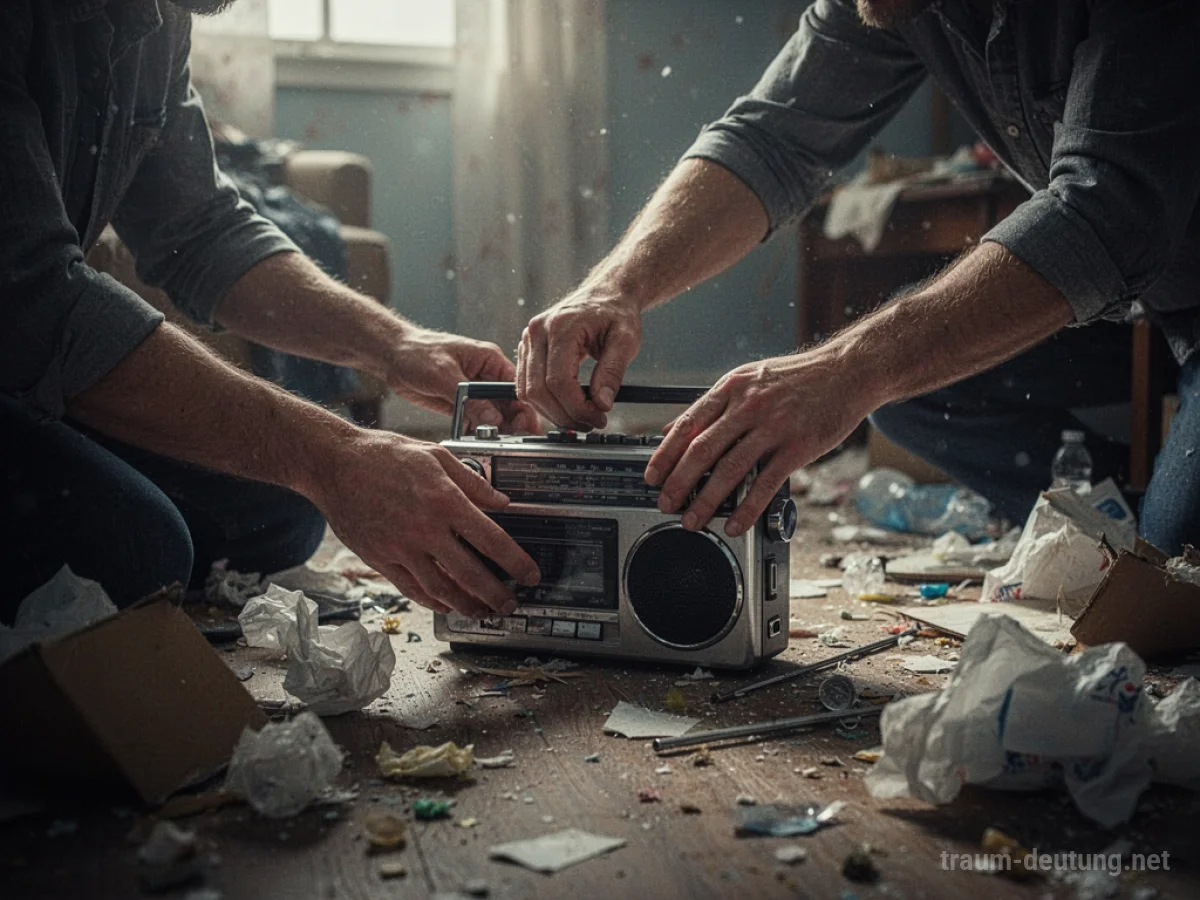 Hände durchsuchen einen unordentlichen Raum auf der Suche nach einem Radio.