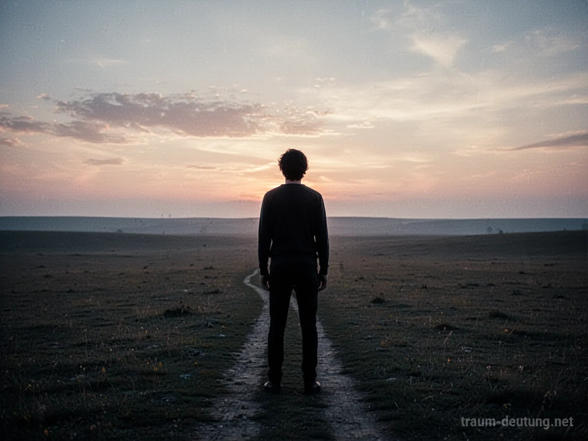 Silhouette einer Person, die über eine weite Landschaft blickt, mit einem einsamen Weg in der Ferne.
