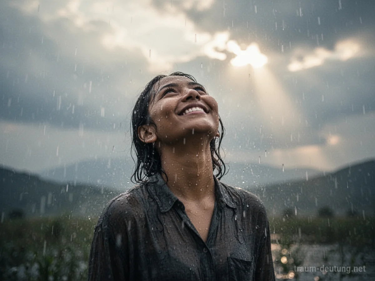 Eine Person steht im sanften Regen und lächelt zum Himmel.