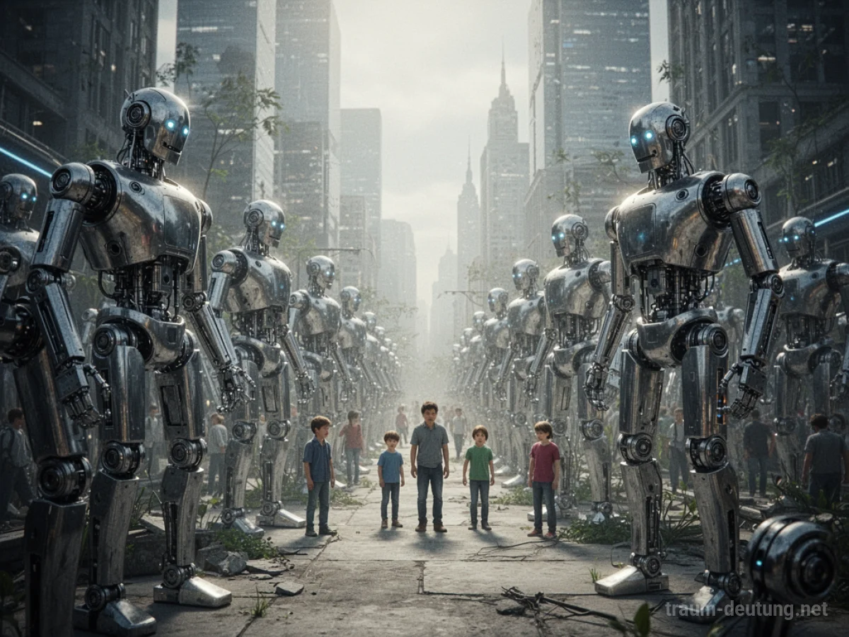 Roboter in einer Stadt, die die Kontrolle übernommen haben, während Menschen im Hintergrund stehen.