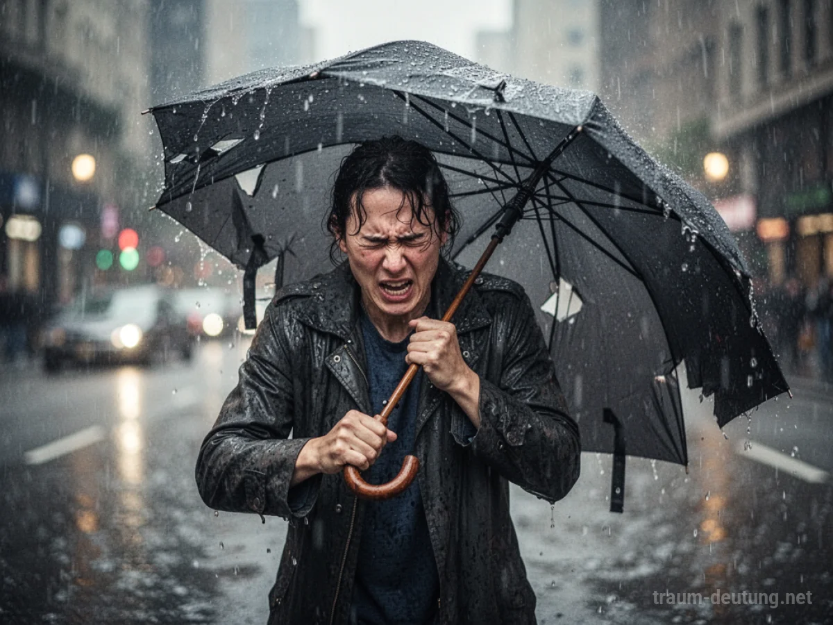 Eine Person versucht vergeblich, einen Regenschirm im Regen zu öffnen.