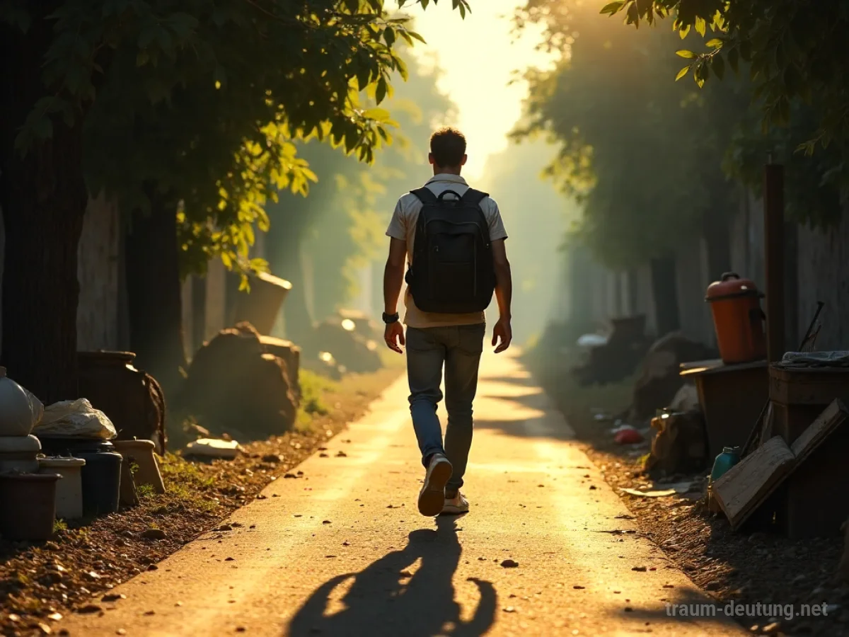 Eine Person mit einem leichten Rucksack geht auf einem sonnigen Pfad.