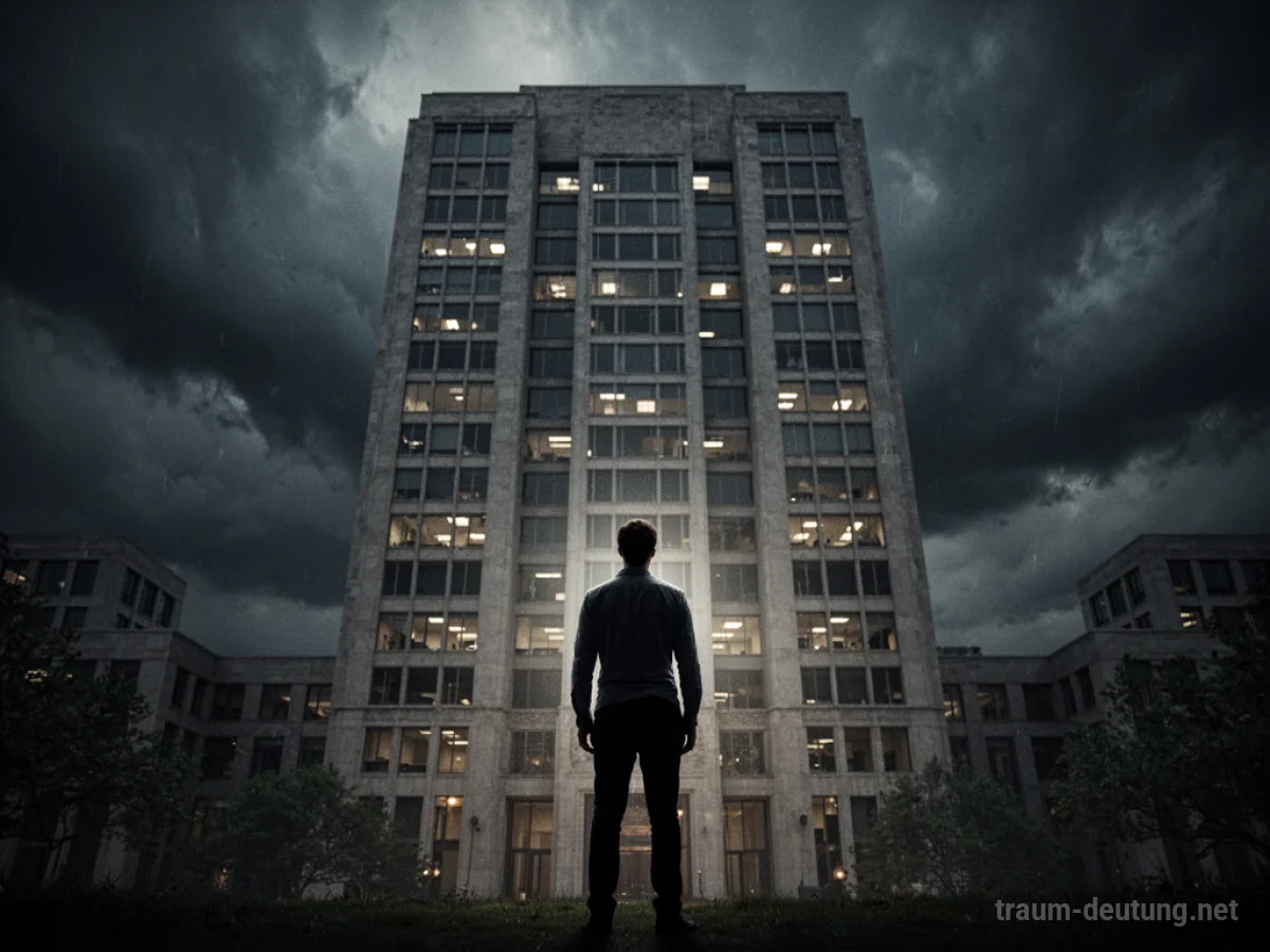 Person als Silhouette vor einem großen Bürogebäude im stürmischen Himmel