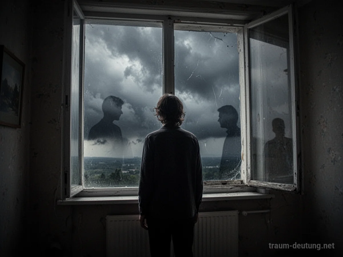 Schattenfigur blickt aus Fenster auf stürmischen Himmel, Spiegelung eines Ex-Partners.