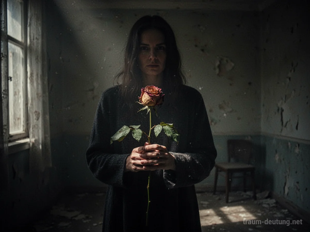 Schattenhafte Figur mit welker Rose in einem dunklen Raum