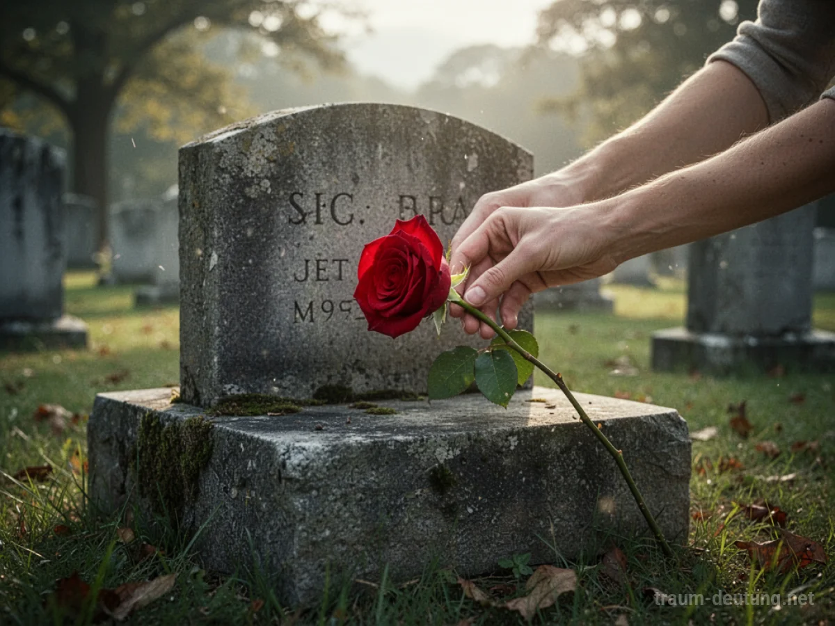 Hand legt Rose auf Grabstein in einem Friedhof
