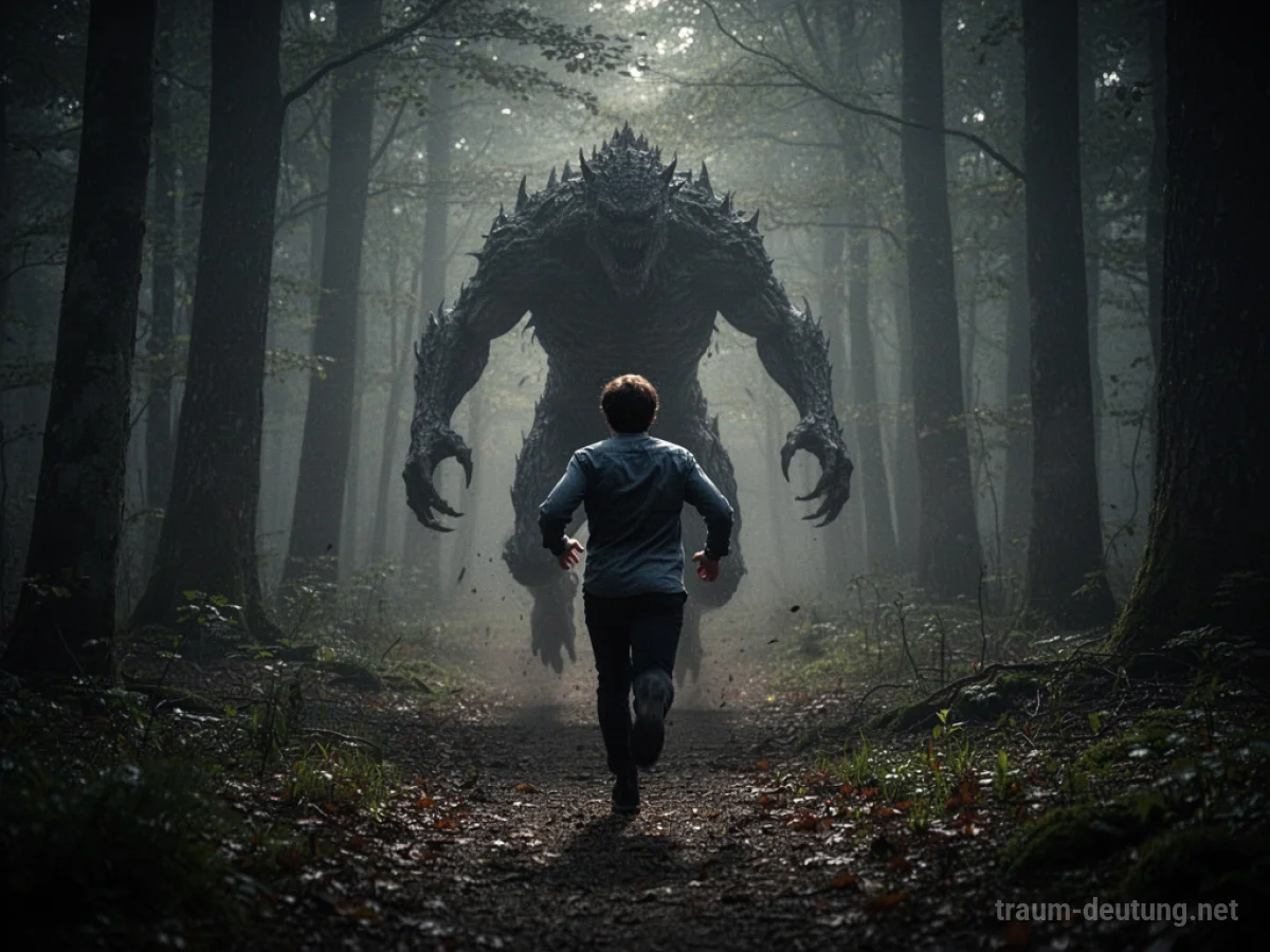 Person rennt vor einer dunklen Monstergestalt durch einen nebligen Wald.