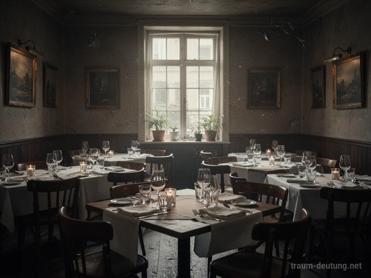 Leeres Restaurant mit gedeckten Tischen und gedämpftem Licht
