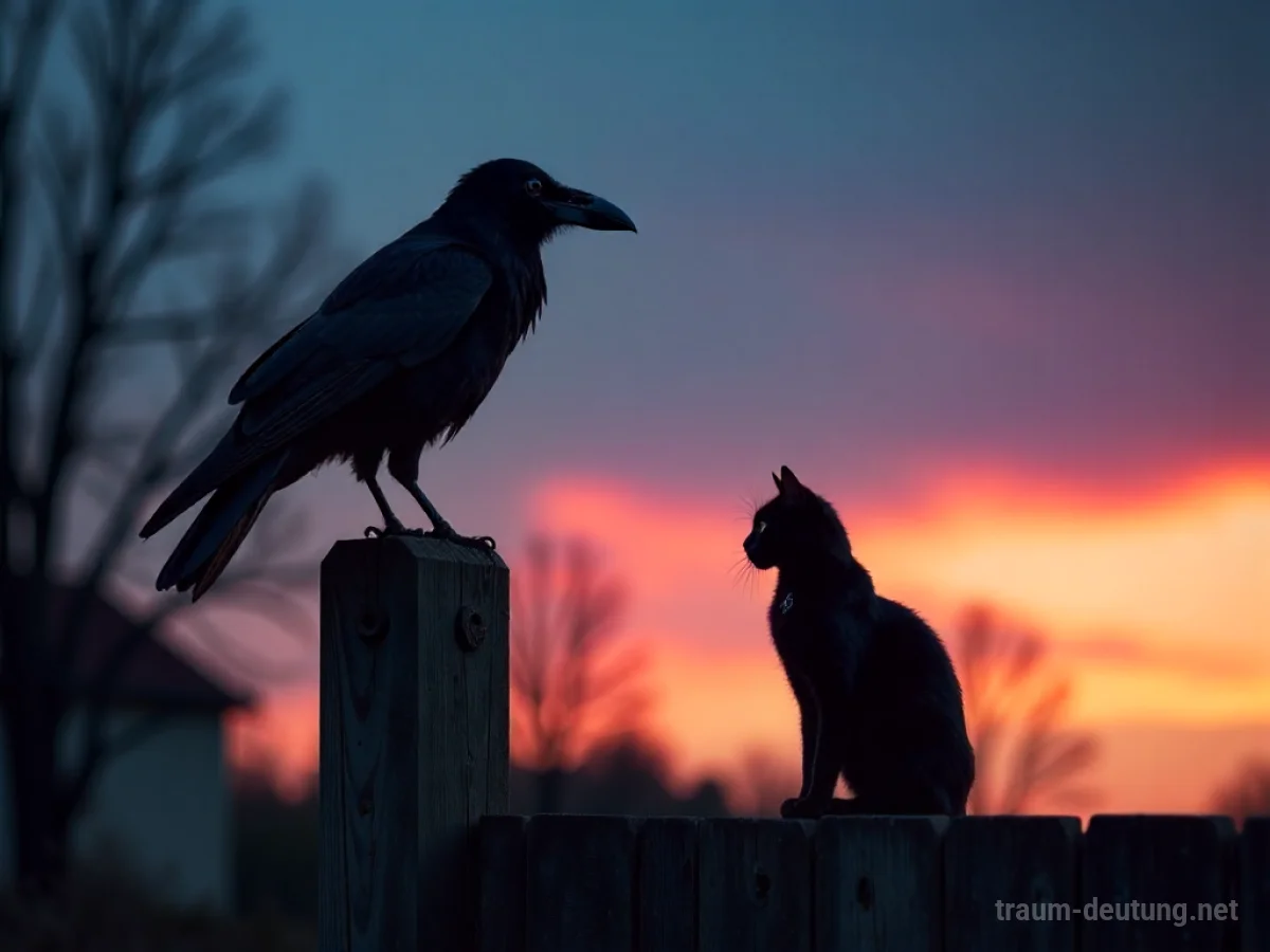 Rabe und Katze in Silhouette auf einem Zaunposten im Zwielicht