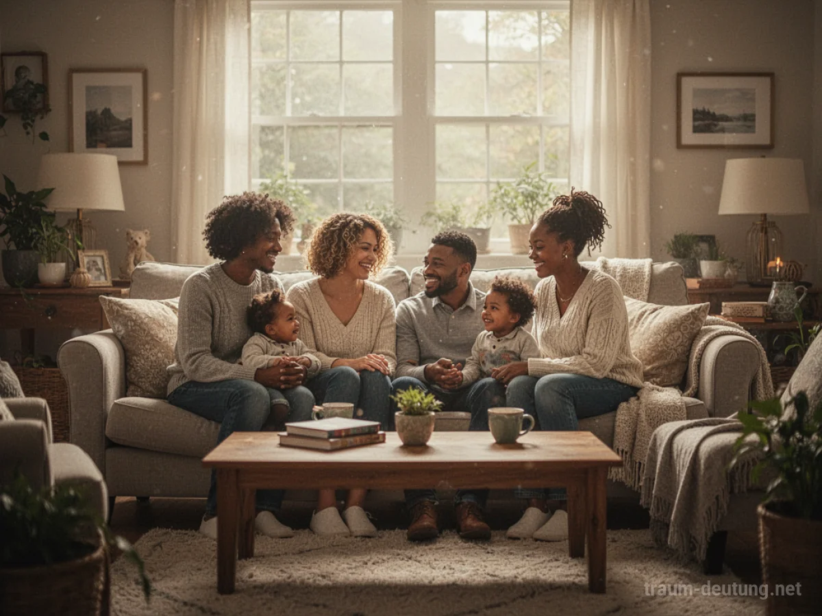 Ein heller, gemütlicher Raum, in dem eine Familie zusammen sitzt und lacht.