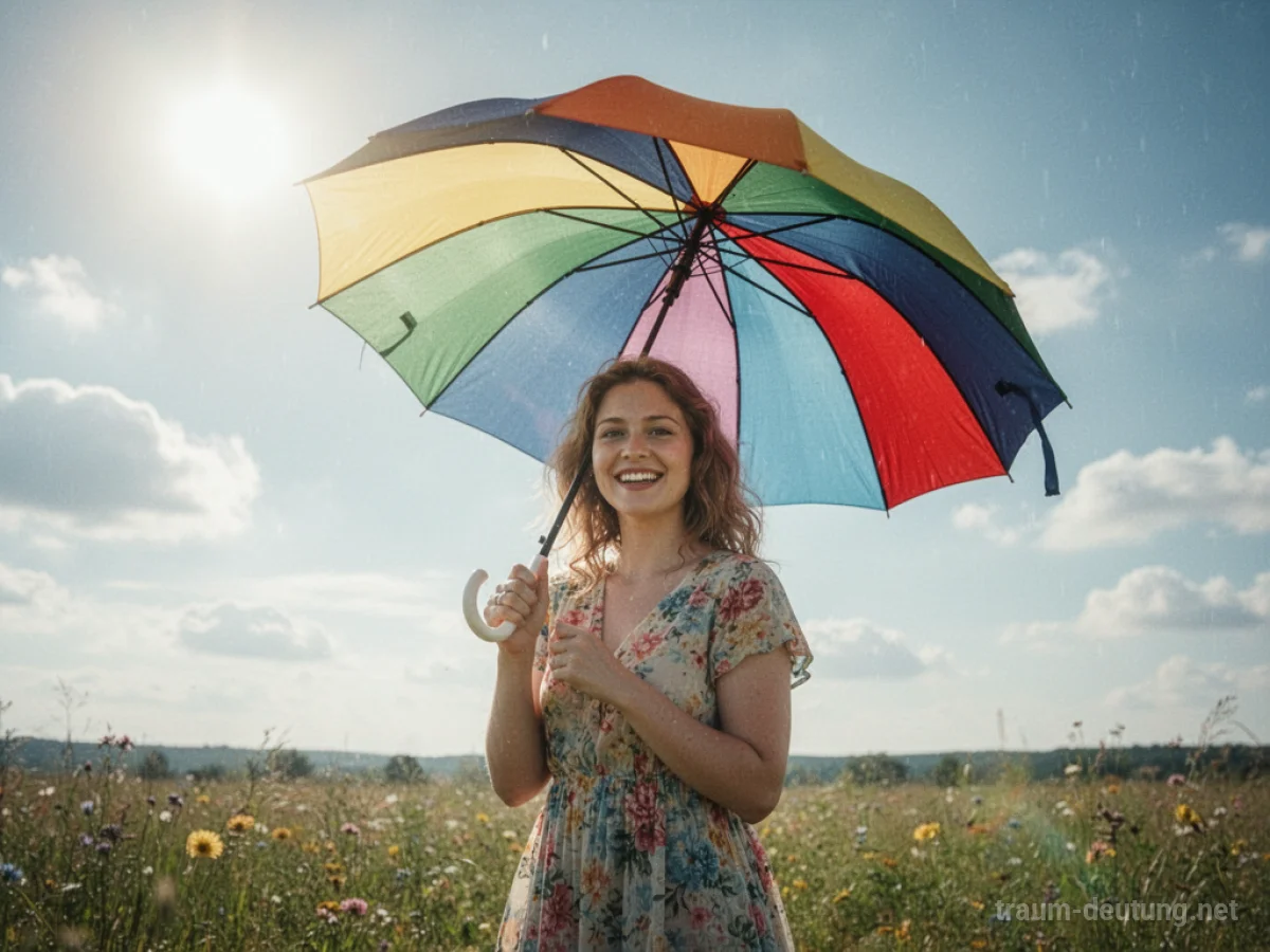 Ein bunter Regenschirm wird unter strahlendem Sonnenschein gehalten, ohne Regen.