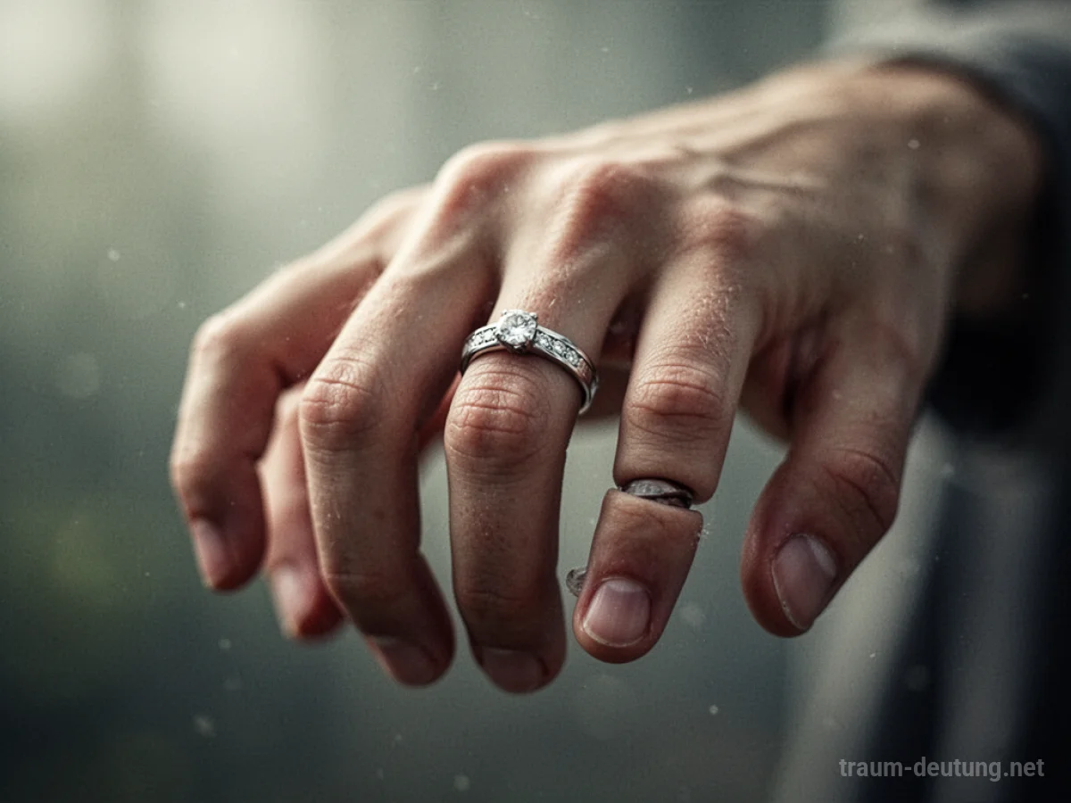 Hand mit einem Ring an einem ungewöhnlichen Finger platziert.