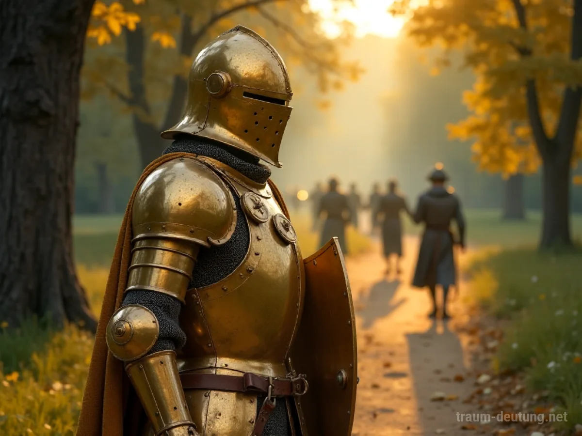 Ein Ritter in goldener Rüstung steht auf einem Weg und hält einen Schild.