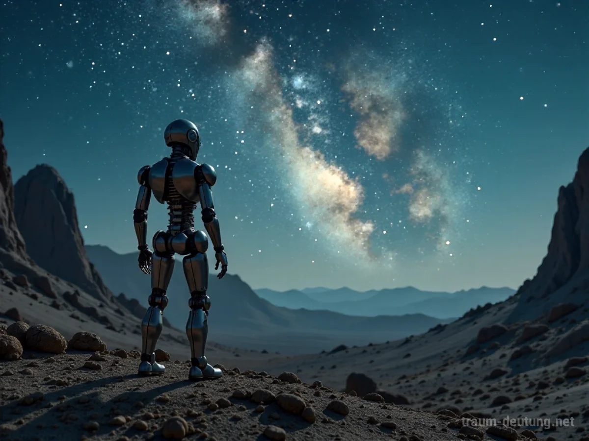 Ein einsamer Roboter auf einem fremden Planeten blickt in den sternenübersäten Nachthimmel.