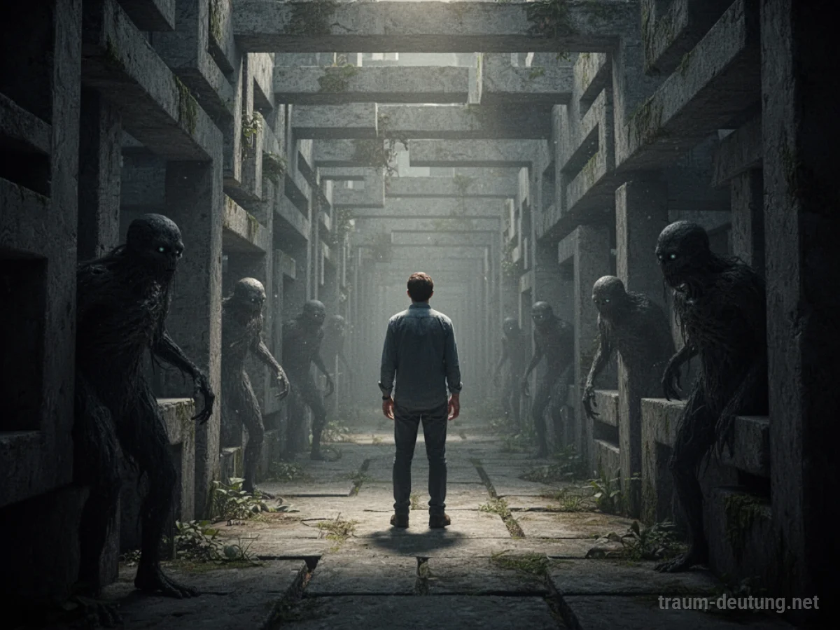 Eine einsame Figur in einem dunklen, verwinkelten Labyrinth, Schatten lauern im Hintergrund.