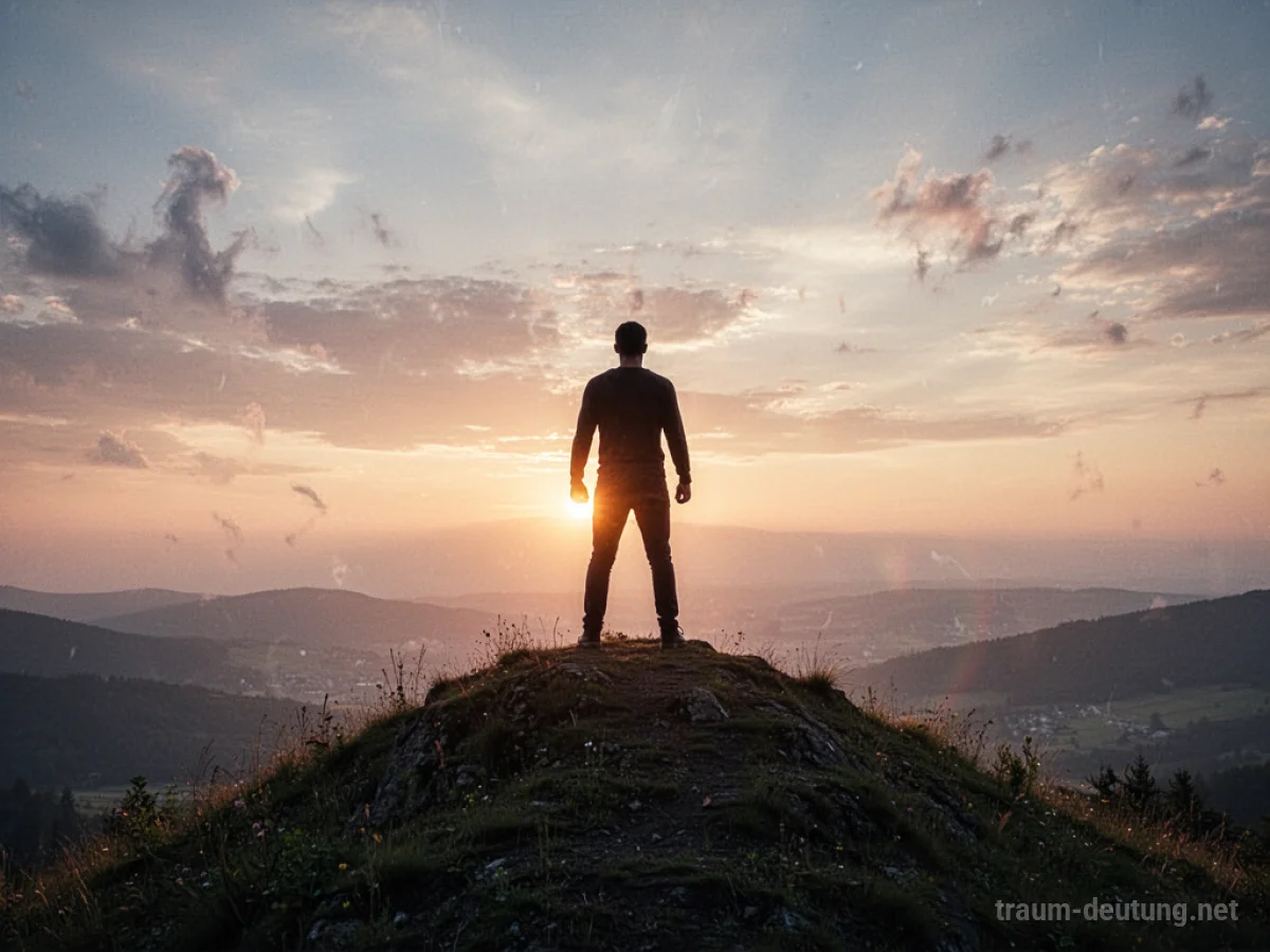 Silhouettenhafte Figur steht triumphierend auf einem Hügel im Sonnenaufgang.