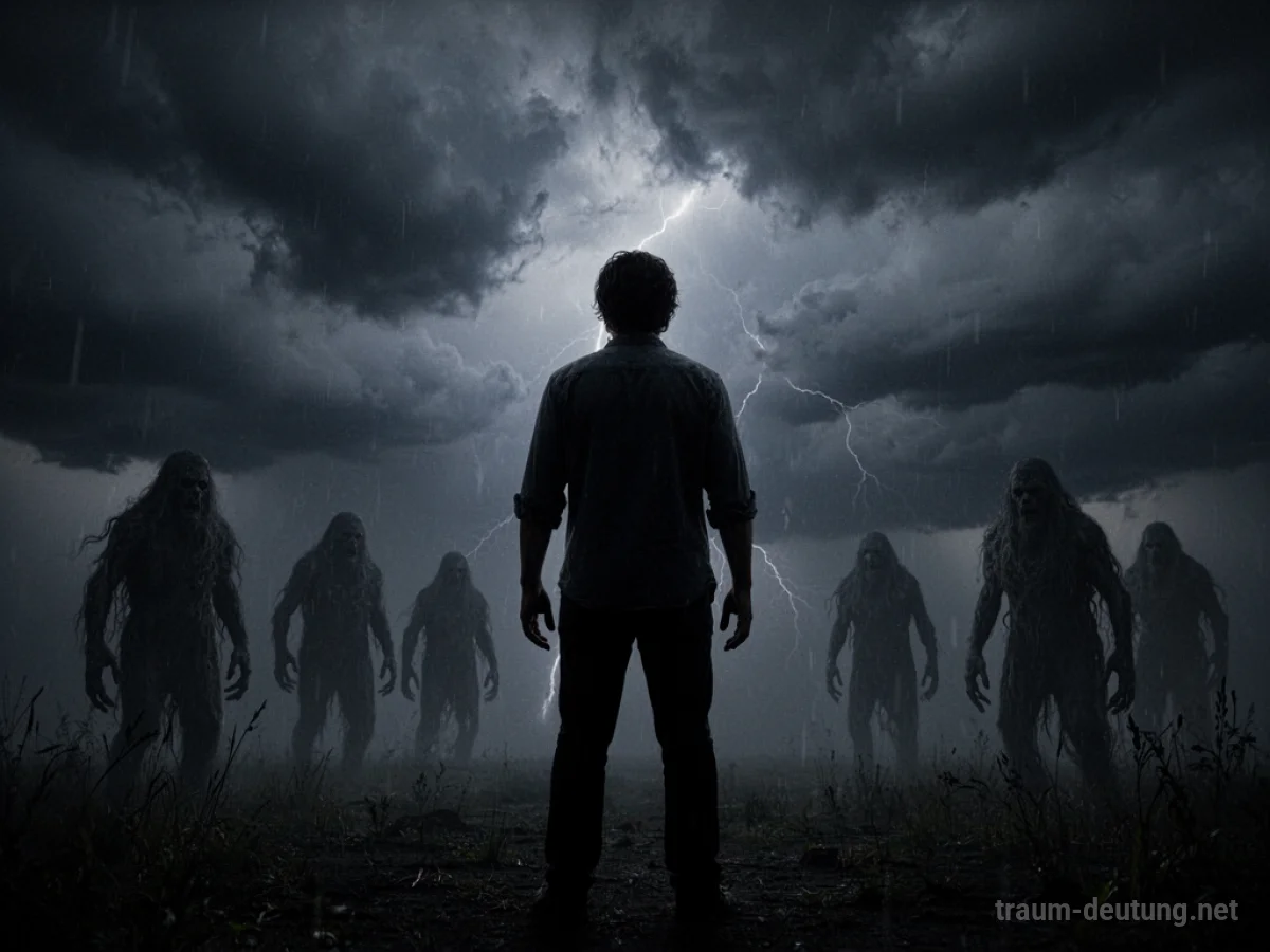 Silhouetten einer Person vor stürmischem Himmel, mit Schattenfiguren im Hintergrund.