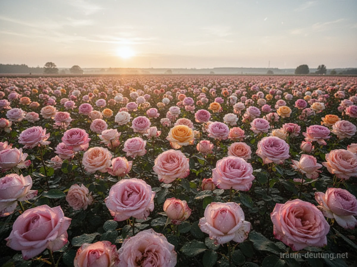 Unendlich viele Rosen erstrecken sich bis zum Horizont unter warmem Sonnenschein.