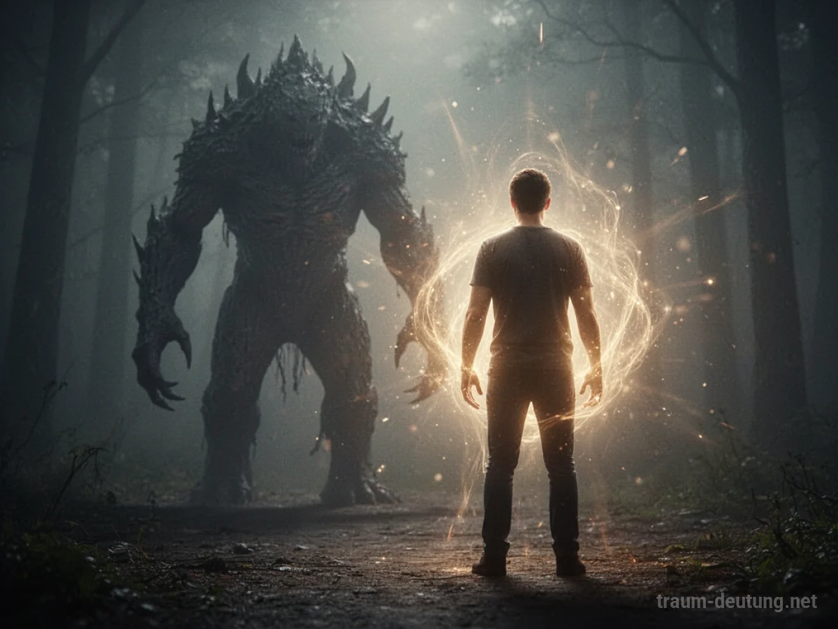 Person wird von einem schattenhaften Monster gerettet, geschützt von hellem Licht.