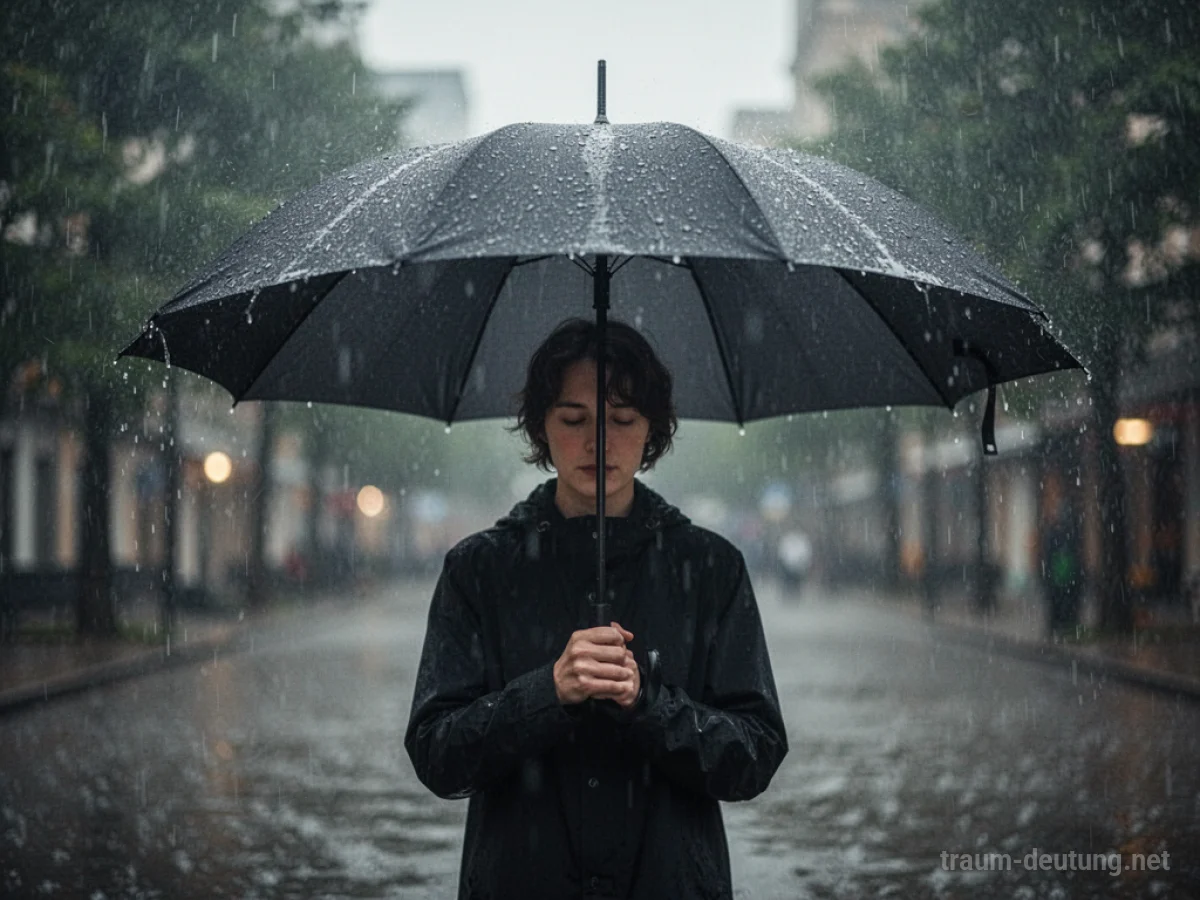 Eine Person steht unter einem geöffneten Regenschirm im sanften Regen.