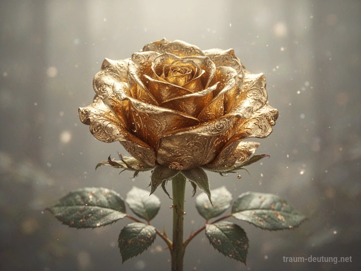 Eine aufwendig verzierte, vergoldete Rose im sanften Licht.