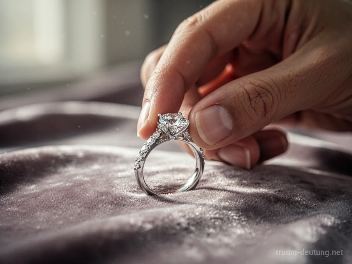 Hand hebt einen glitzernden Verlobungsring von einer weichen Oberfläche auf.