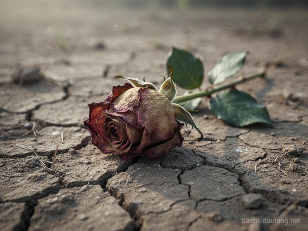 Eine einzelne verwelkte Rose auf trockenem Boden