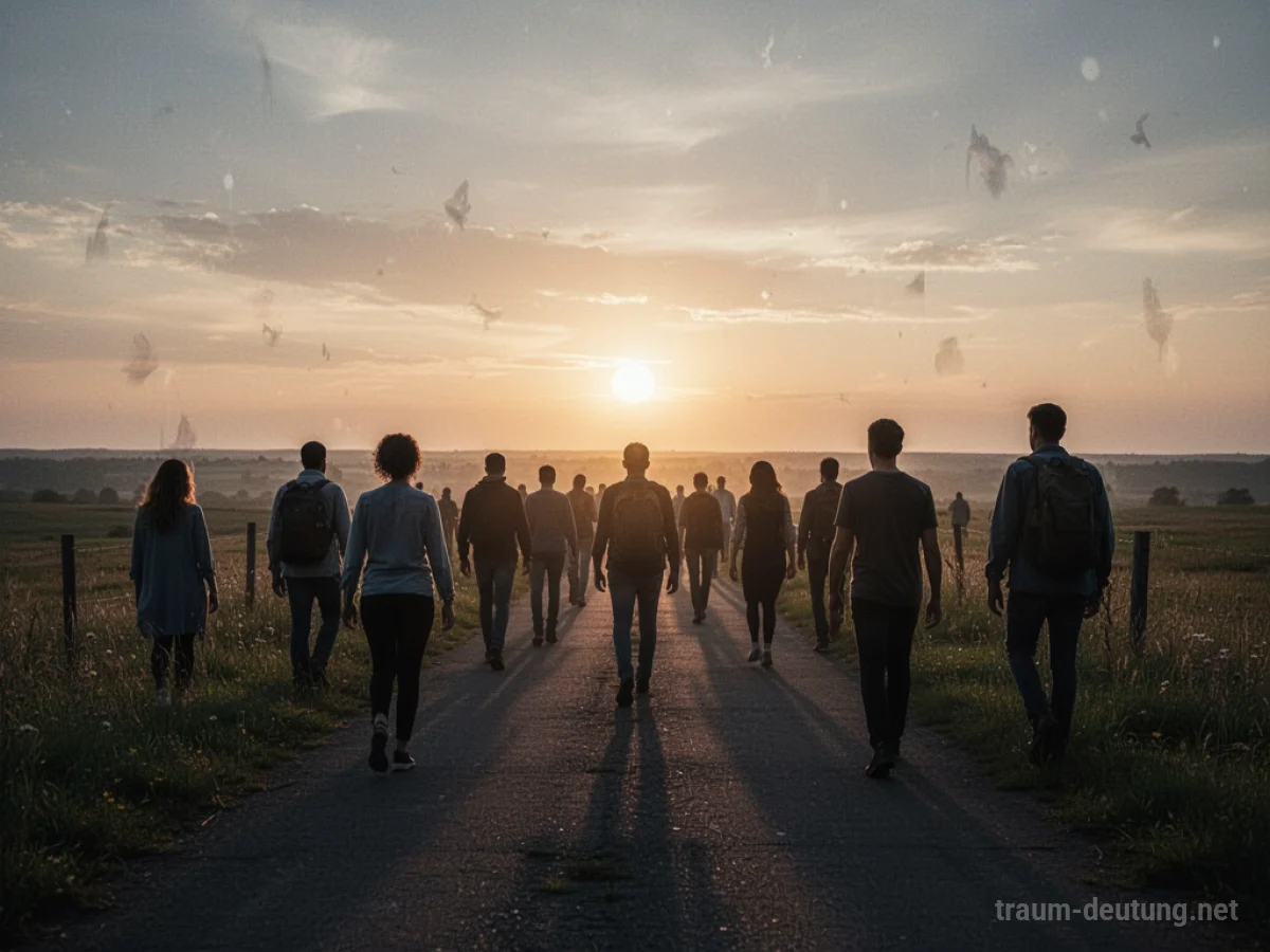 Viele Menschen gehen gemeinsam auf einem Weg dem Horizont entgegen.
