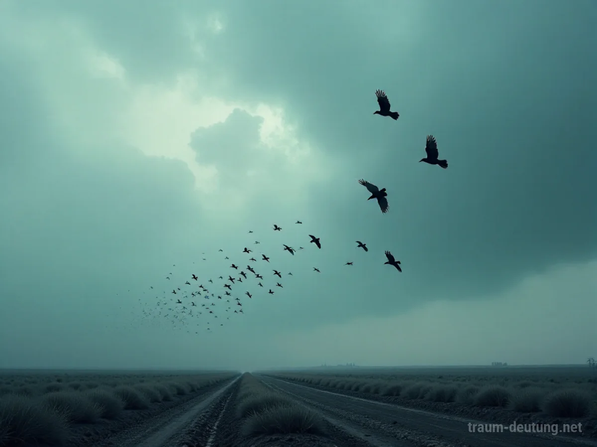 Viele Raben kreisen am grauen Himmel über einer einsamen Landschaft.